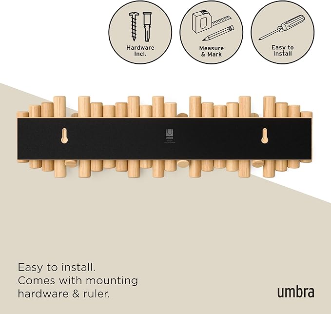 Umbra Picket Coat Rack with 8 Hooks – Natural Wall-Mounted Coat Rack with Flip-Down Wooden Hooks, Real Pine Wood Decorative W
