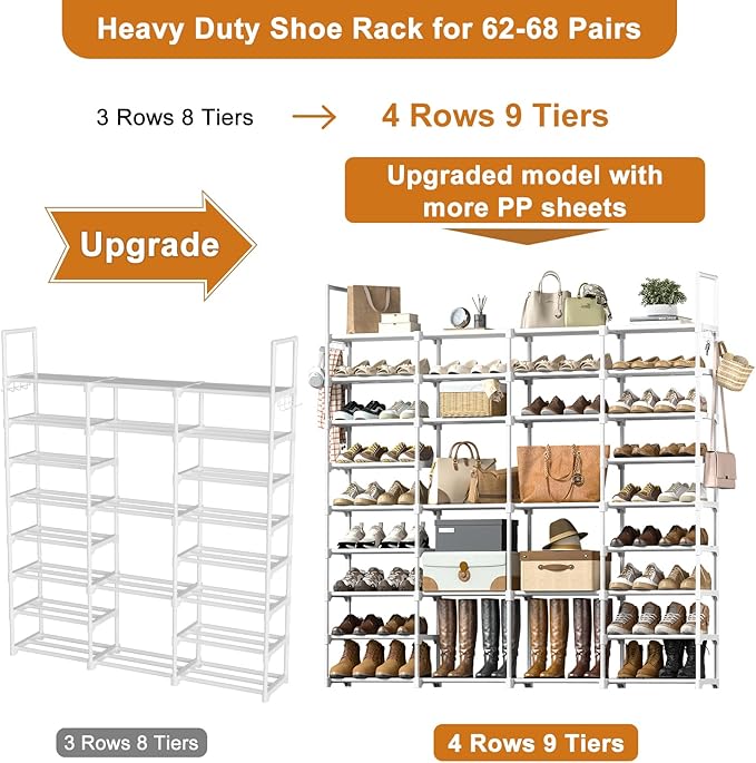 WOWLIVE 4 Row 9 Tiers Extra Large Shoe Rack Big Tall Metal Shoe Shelf, Heavy Duty Organizer for Closet Entryway, Boot Rack St