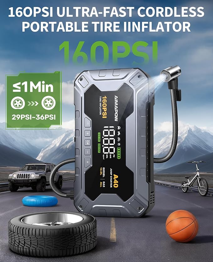 8000A 160PSI Jump Starter with Air Compressor, 12V Car Battery Jump Starter Power Bank(All Gas/12L Diesel), Car Starter with