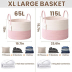 JMvicyroam 115L Extra Large Blanket Basket for Living Room - Woven Cotton Rope Laundry Hamper with Reinforced Handles - Stora
