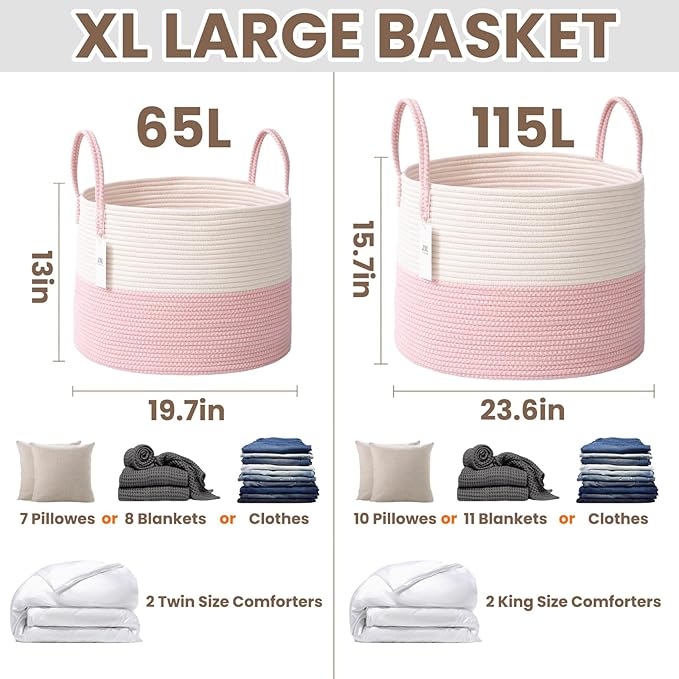 JMvicyroam 115L Extra Large Blanket Basket for Living Room - Woven Cotton Rope Laundry Hamper with Reinforced Handles - Stora