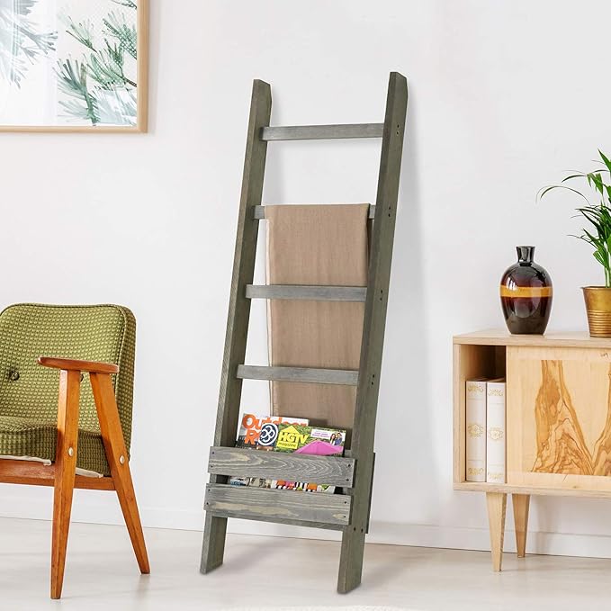 MyGift Blanket Ladder with Storage Shelf, Wooden Blanket Holder Rack, Decorative Ladder Shelf, Drying and Display Rack for Ba