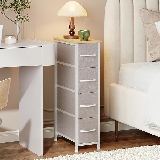 Somdot Narrow Dresser with 4 Drawers, Slim Storage Organizer Chest of Drawers with Removable Fabric Drawers for Small Spaces 