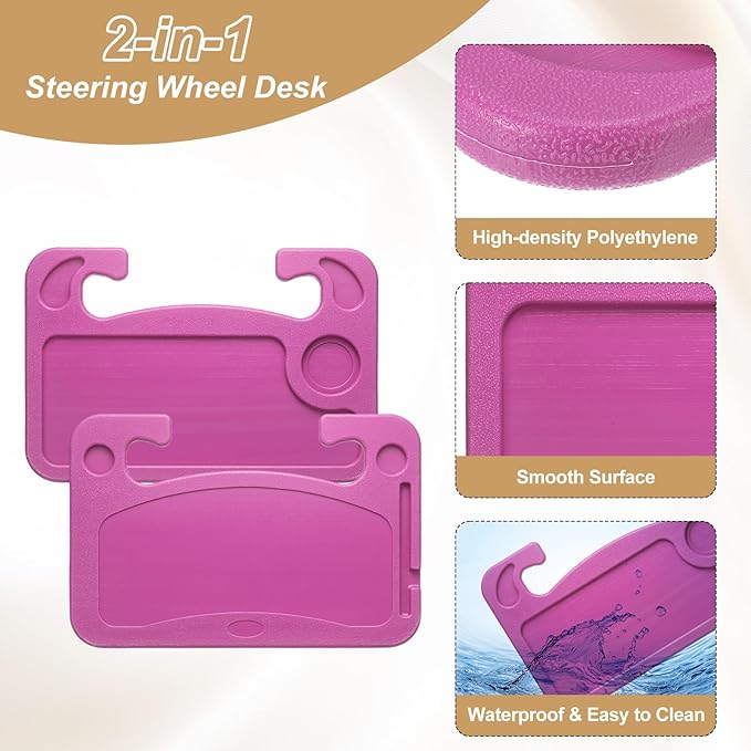 HARFINGTON 2 Pcs 2 in 1 Car Steering Wheel Tray Car Food Trays Auto Steering Wheel Under Table Desk for Eating Food Drink Laptop Writing Work, Pink