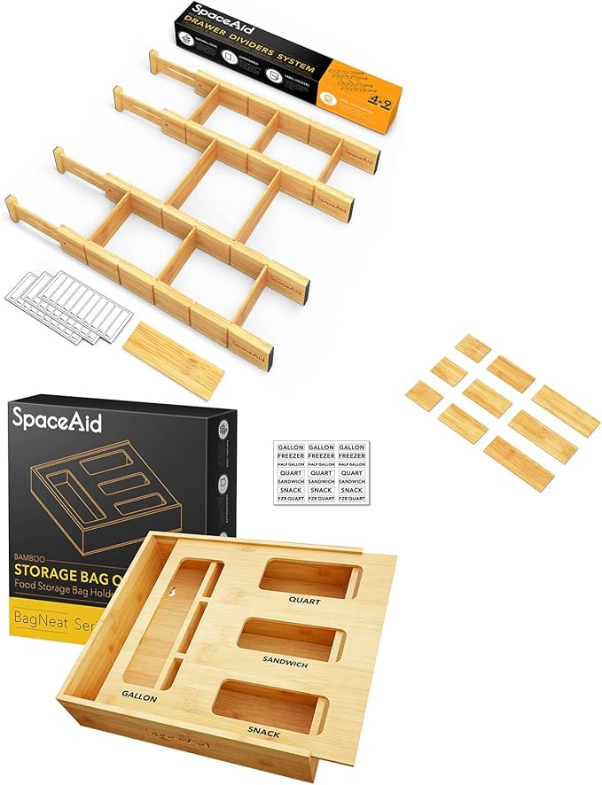 SpaceAid Bamboo Drawer Dividers with Inserts and Labels, 4 Dividers with 9 Inserts (17-22 in), Bag Storage Organizer (1 Box 4