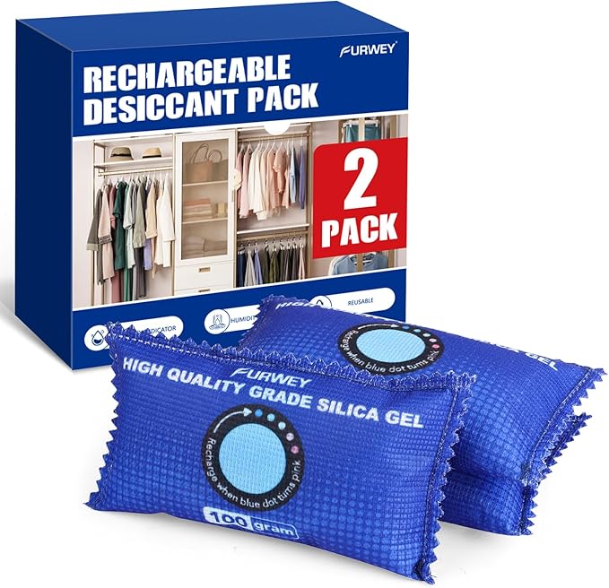 2 Pack Rechargeable Desiccant Packs, 100g Each, Blue, Color Indicating Silica Gel Dehumidifier Bags for Storage, Closets,