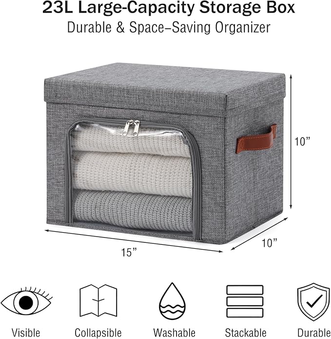 Large Storage Bins Boxes with Lids Clear Window Zipper Closure Decorative Cotton Linen Fabric Baskets with PU Leather Handles
