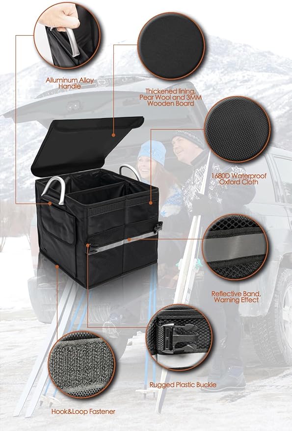 Small Trunk Organizer With Lid, For SUV Car Truck, Black 28L, Foldable Waterproof Oxford Fabric, 2-Compartments With Aluminiu