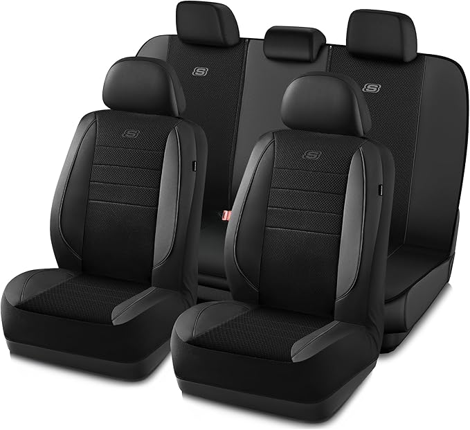 Skechers Air-Cooled Memory Foam Seat Covers,Mesh Thick Car Seat Covers,Piping Leather Car Seat Cover,Airbag Compatible,Automo