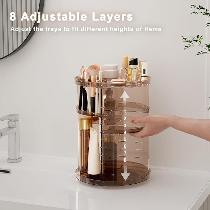 Rotating Makeup Organizer Countertop, DIY Adjustable Trays Spinning Skincare Organizers, Cosmetic Display Shelf with Perfume 