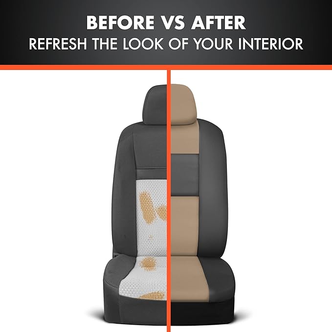 BDk Faux Leather Car Seat Cover Full Set - Front & Rear Split Bench Beige Seat Covers for SUV & Truck Seat Covers, Airbag Com