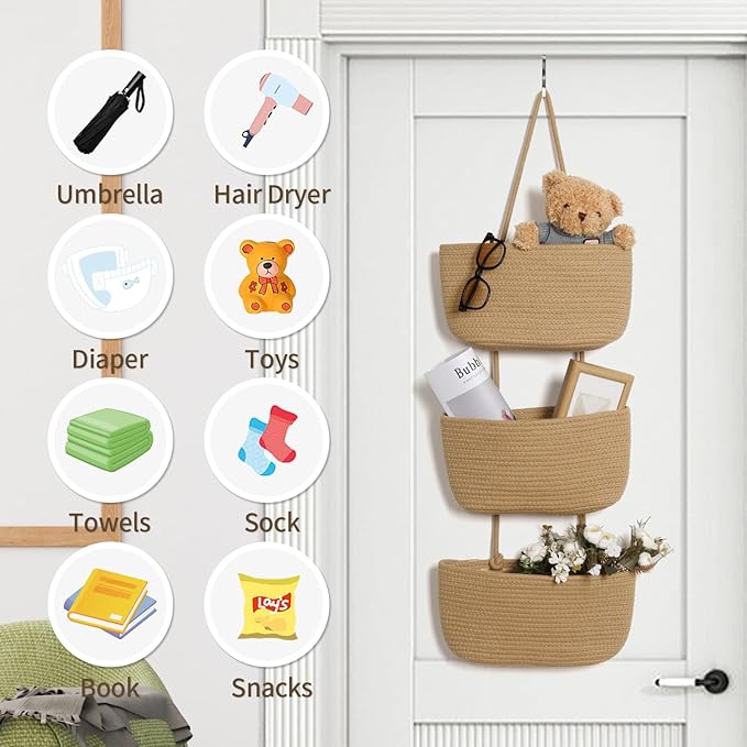 ANTIS'S HOME Over The Door Organizer Hanging Basket, 3-Tier Woven Cotton Wall-Mounted Nursery Storage Organizer Bag Boho Deco