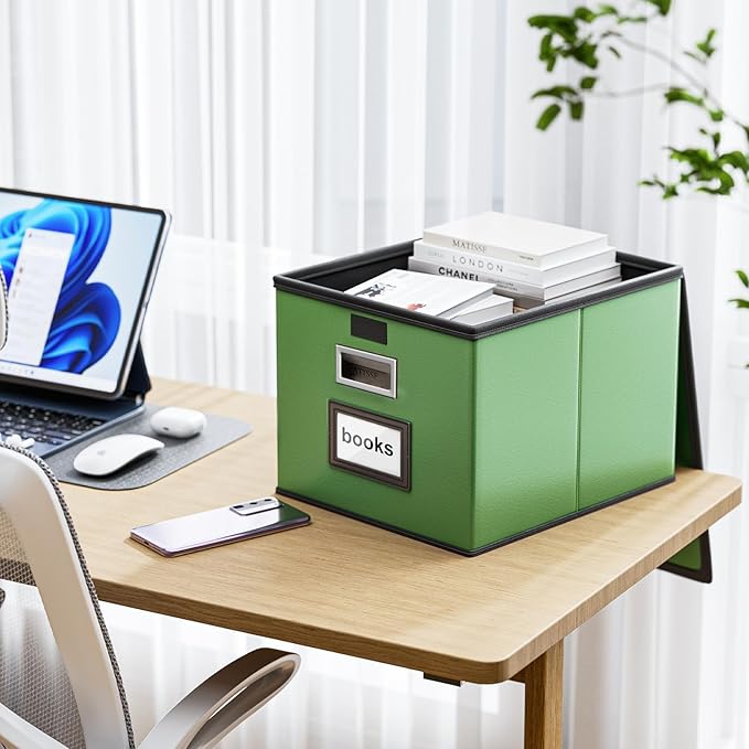 Huolewa Portable Leather File Organizer Storage Boxes, Collapsible File Folder Organizer Boxes with Lids, Document Organizer,