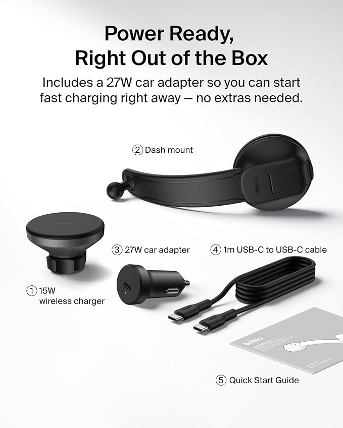 Belkin Wireless Car Charger, MagSafe Phone Holder & Car Dash Mount w/ 1M USB C Cable, Qi2 MagSafe Compatible Fast Charging iPhone Charger for iPhone 17, Galaxy S25, Pixel 10, Road Travelers, Black
