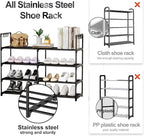 2 Rows 4 Tier Shoe Rack, Black Metal Stackable Shoe Shelf with Multifunctional Hooks, Hold 16-20 Pairs, Space Saving Shoe Org