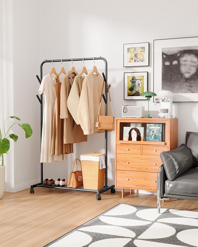 Sakugi Clothes Rack - Metal Coat Rack with Bottom Shelf, Portable Wardrobe Rack with 6 Side Rods, Rolling Clothing Rack for H
