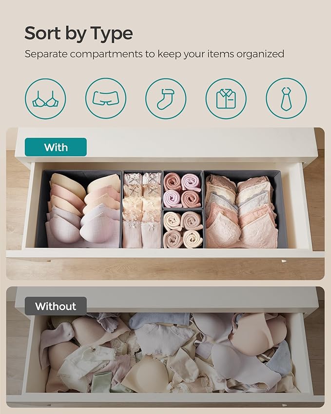 SONGMICS Drawer Organizer, Dresser Drawer Organizers, Set of 12, Foldable Fabric Storage Bins for Socks, Underwear, Bras, Tie