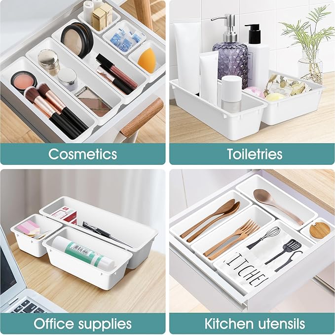 WOWBOX 25 PCS Plastic Drawer Organizer Set, 4 Sizes Desk Drawer Divider Organizers and Storage Bins for Makeup, Jewelry, Gadg