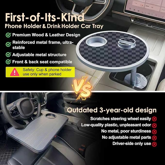 Car Food Tray & Car Table Tray with Car-Grade Aluminum Cup Holder & Phone Stand, Premium Wood with Leather Surface, 360° Rotating Car Desk for Laptop &Eating (Round, Black&Grey)
