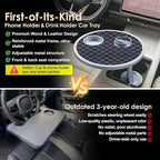 Car Food Tray & Car Table Tray with Car-Grade Aluminum Cup Holder & Phone Stand, Premium Wood with Leather Surface, 360° Rotating Car Desk for Laptop &Eating (Round, Black&Grey)