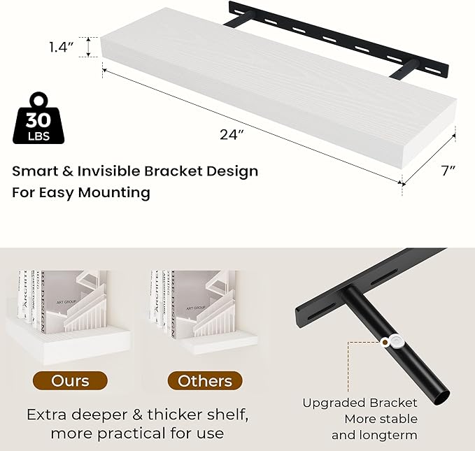 Dreamland 24 Inch Long Floating Shelves in White,6.7 Inch Deep Floating Shelf for Wall,Large Display & Storage Shelf, Wall Sh