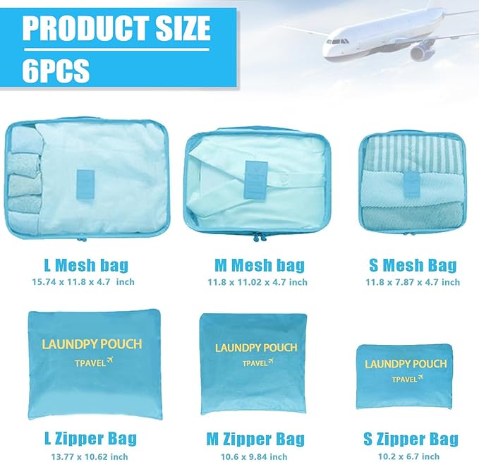 6 Set Packing Cubes for Travel Luggage Packing Bags Reusable Lightweight Suitcase Organizer Cubes Set for Travel Accessories 