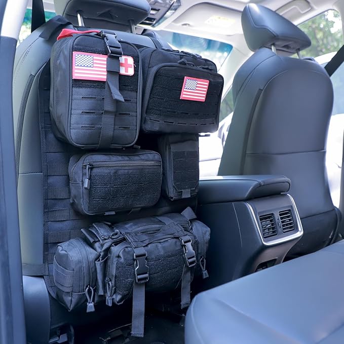 Universal Tactical Car Seat Back Organizer Bag Tactical Molle Vehicle Organizers Panel Vehicle Protector Organizers with 5 Detachable Pouches for Car (Upgraded D Black)