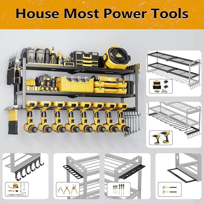 Power Tool Organizer - 3 Layer 8 Drill Holder Wall Mount, Storage Rack for Garage Organization, Large Tool Shelf, Gifts for H