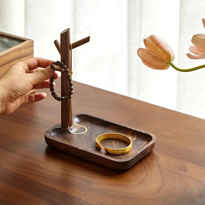 Black Walnut Solid Wood Key Dish Bowl for Entryway Table Square Tray With 3 Hooks, Open Storage for Keys, Wallet, Jewelry (Wa