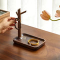 Black Walnut Solid Wood Key Dish Bowl for Entryway Table Square Tray With 3 Hooks, Open Storage for Keys, Wallet, Jewelry (Wa