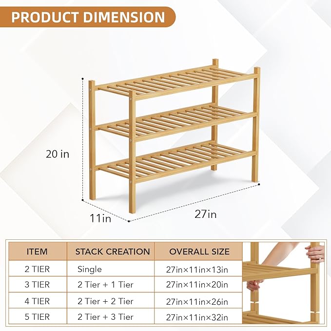 3 Tier Bamboo Shoe Rack Storage Organizer for Closet, Multifunctional Stackable Free Standing Shoe Shelf Organizer for Small 