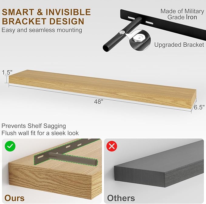 Fun Memories Floating Shelves for Wall, 48Inch Floating Shelves Set of 2, Hanging Shelf with Invisible Brackets, Wood Shelves