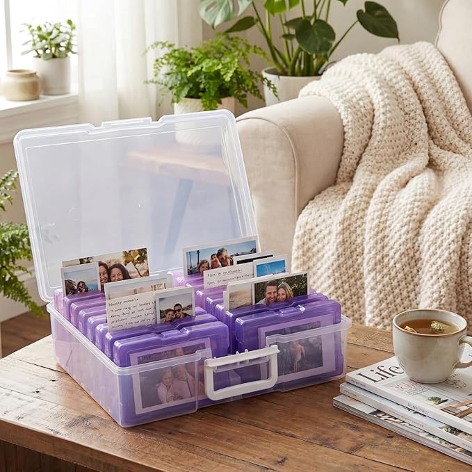 novelinks Transparent 4" x 6" Photo Cases and Clear Craft Keeper with Handle, 16 Inner Photo Organizers & Photo Storage Box, 
