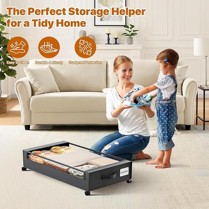 Under Bed Storage with Wheels,Under Bed Storage Containers with Clear Lids, Under-Bed Organizers for Clothes, Shoes – Durable