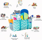 Extra Large Utility Tote Bag - Oversized Collapsible Reusable Wire Frame Rectangular Canvas Basket With Two Exterior Pockets For Beach, Pool, Laundry, Car Trunk, Storage - Chevron Teal
