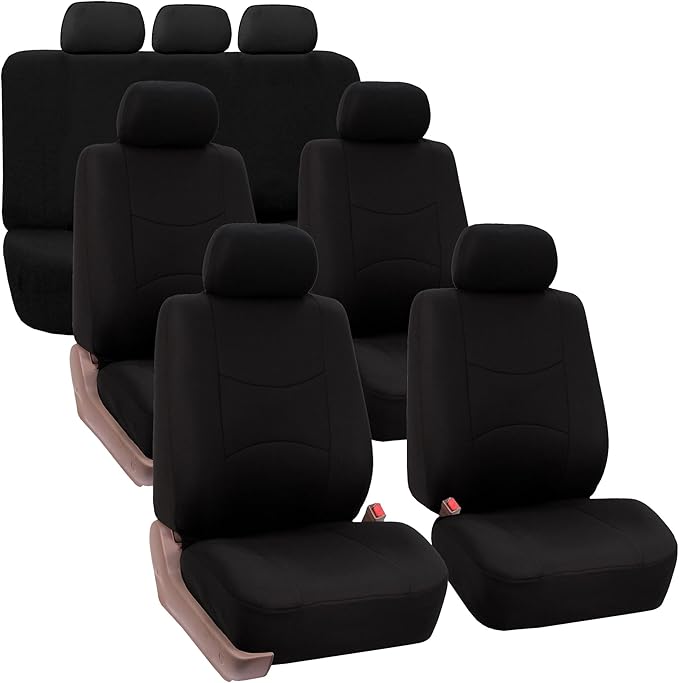 FH Group Flat Cloth Full Set Car Seat Covers Three Row 7 Seater - Universal Fit for Cars, Trucks & SUVs (Solid Black)