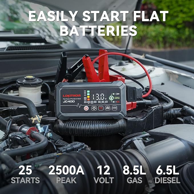 LOKITHOR JC400 9-in-1 Battery Charger and Jump Starter, 2500A 12V Portable Jump Box for Car Upto 8.5L Gas/6.5L Diesel,