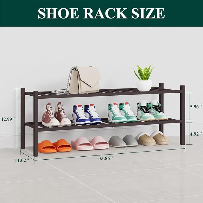Smiry Shoe Rack, 2 Tier Thick Long Bamboo Shoe Organizer, Stackable Free Standing Wooden Shoe Storage Shelf for Closet, Entry