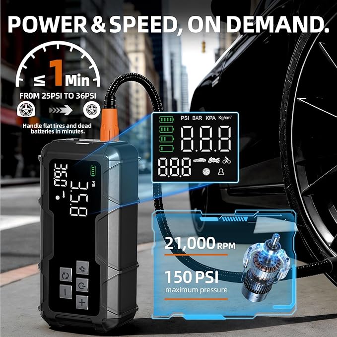 Tire Inflator Portable Air Compressor & Car Jump Starter - 150 PSI Cordless Air Pump Battery Jumper Starter with Pressure Gauge & LED Light for Car Tires, Motorcycle, Bicycle, Balls