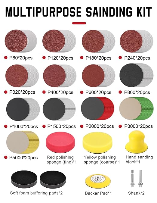268-Pack 3 Inch Sanding Discs Drill Sanding Attachment, 80-5000 Grit Wet Dry Hook and Loop Sandpaper, Soft Foam Buffering Pad