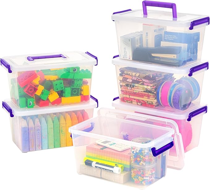 IRIS USA 5 Qt. Plastic Craft Storage Container Bins with Lids, 6 Pack, Small Art & Office Supply Organizer Tote, Sensory Bins