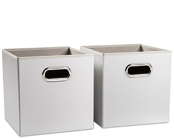 PRANDOM Leather Foldable Cube Storage Bins 11x11 inch [2-Pack] Fabric Storage Baskets Cubes Drawer with Cotton Handles Organi
