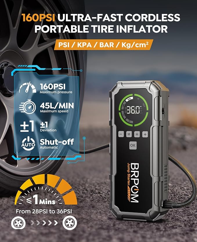 Jump Starter with Air Compressor, BRPOM 8000A Portable Car Jump Starter (All Petrol/12L Diesel), 160PSI 12V Battery Jump