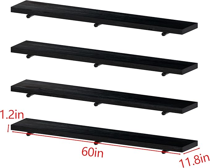 Industrial Pipe Wall Wood Shelves,Real Long Wooden Shelves 60",11.8" Extra Width, Modern Floating Shevles for Wall Bookshelf 