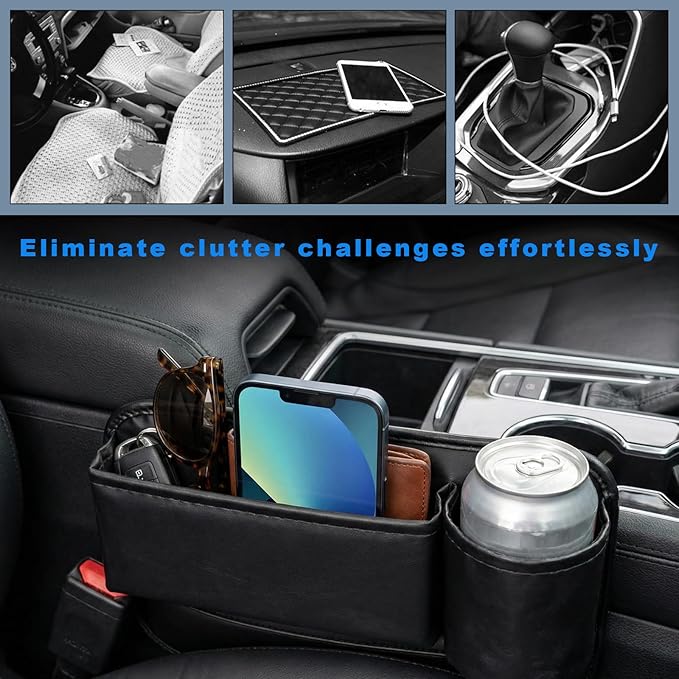 2 PCS Car Seat Gap Filler Organizer, Auto Front Seat Storage Box Anti-Drop Gap Filler with Cup Holder, Premium Leather Auto Console Side Organizer for Holding Phone Glasses Drinks