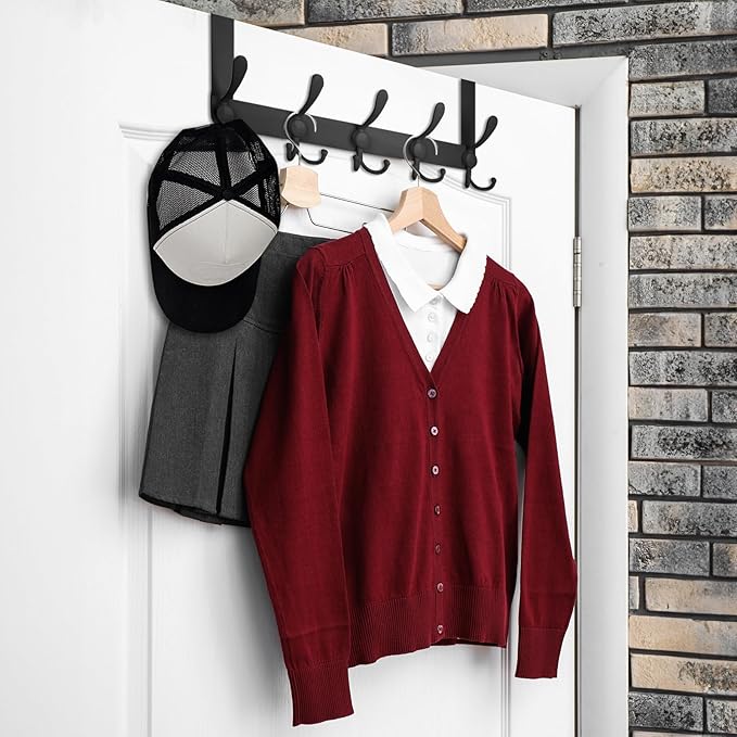 TICONN Over The Door Hooks, 5 Heavy Duty Tri Coat Rack All Metal Coat Hanger for Bathroom Bedroom Dorm (Matte Black, 1PK, Fit