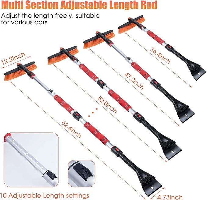 62.4" Snow Brush - Ice Scrapers for Car Windshield, 360°Pivoting Brush Head, Comfortable Foam Grip, Extendable Snow Removal Car Brush for Trucks SUVs, Essential Winter Tool
