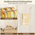 HYSEYY Double Rods Clothes Rack, Rolling Clothing Rack for Hanging Clothes Portable Wardrobe Rack, Metal Garment Rack Sturdy 