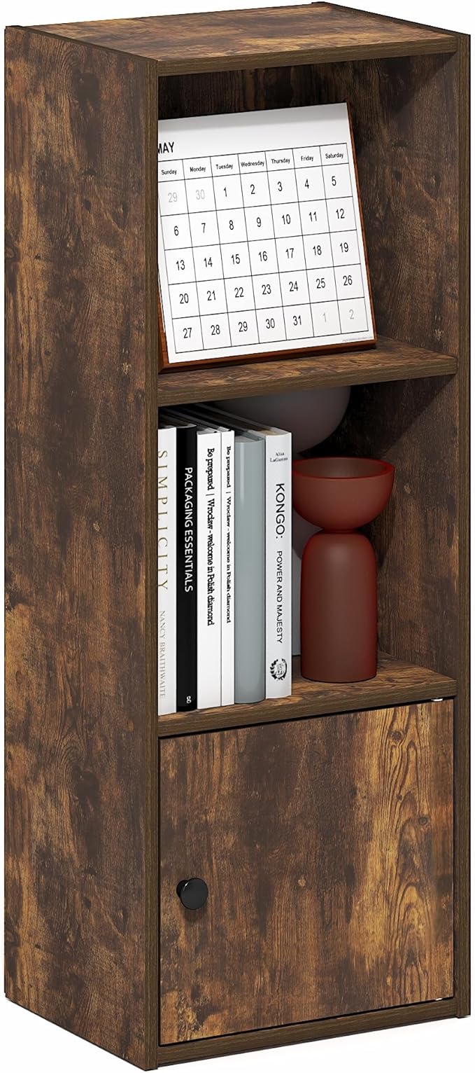 Furinno LUDER Book Shelf, 3-Tier Bookshelf with Open Shelf, Standing Bookcase with 1 Door Cabinet, 9.3 x 12 x 31.5, for Organ