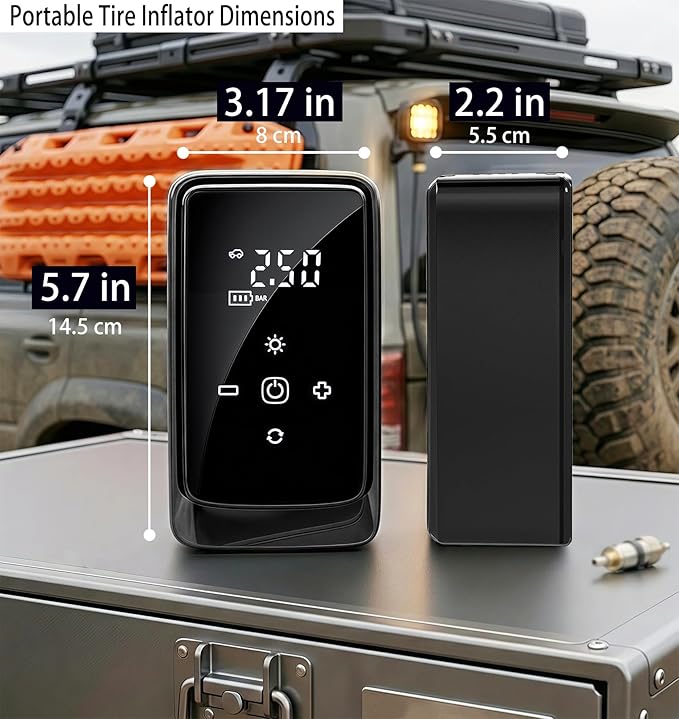 Tire Inflator Portable Air Compressor, Dual-Power (12V DC - Rechargeable) Digital Display Air Compressor, Tire Air Pump, with LED Work Light, for Car Tires, SUV, Motorcycle, Bicycle and Balls